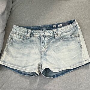 Miss Me Light Wash Denim Shortie Shorts - Faded Blue